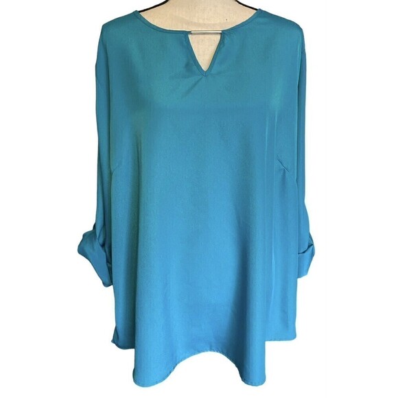 LARRY Levine Blouse Womens Size 3X Blue Teal V Neck Blouse Roll Tab Sleeve - Picture 1 of 8